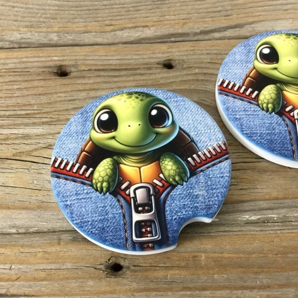 Turtle Peek-a-Boo Zipper Car Coasters Set of 2 - Picture 3 of 6